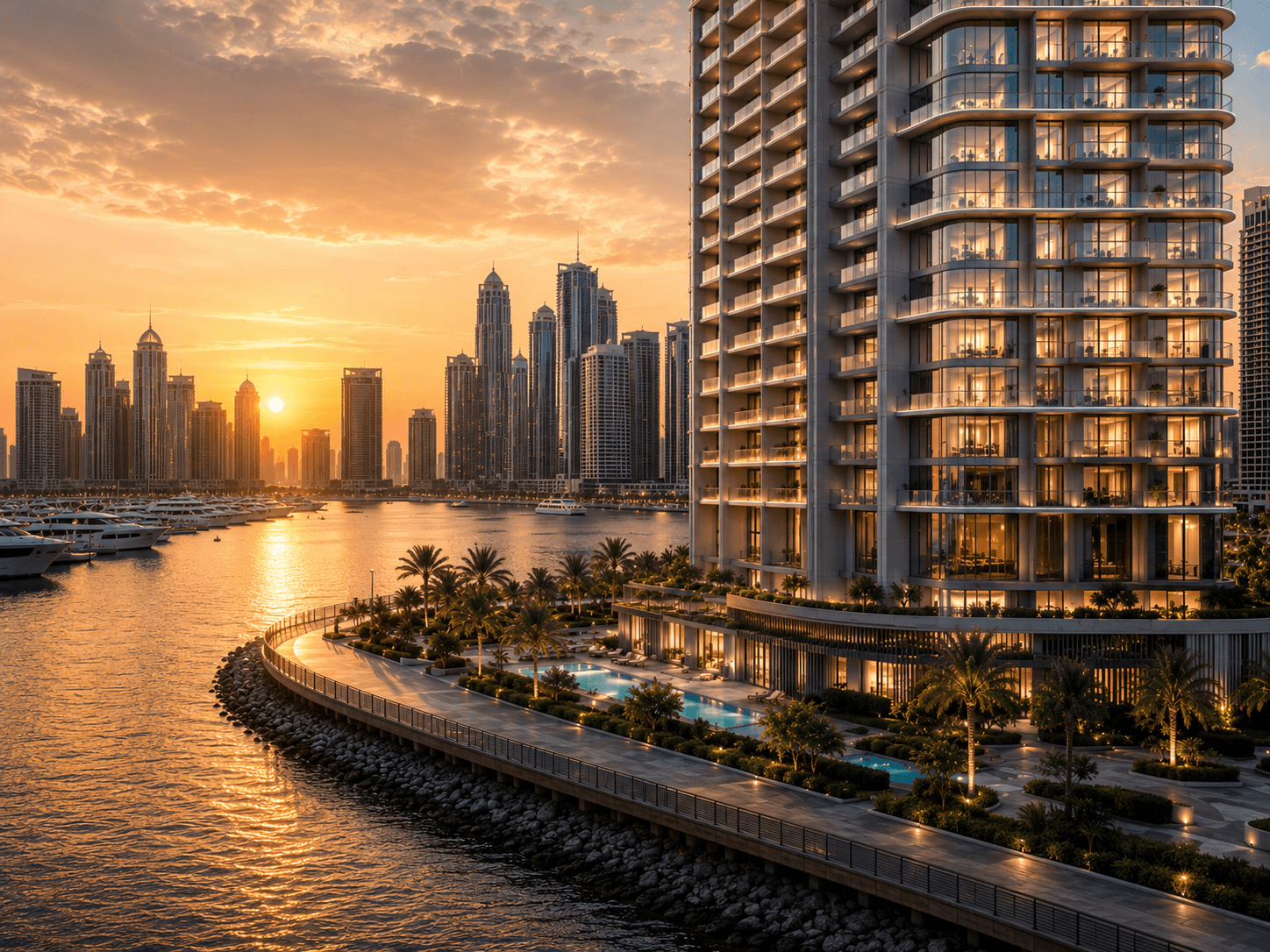 Final photorealistic sunset exterior rendering of a glass residential tower in Dubai Marina with waterfront promenade and marina yachts.