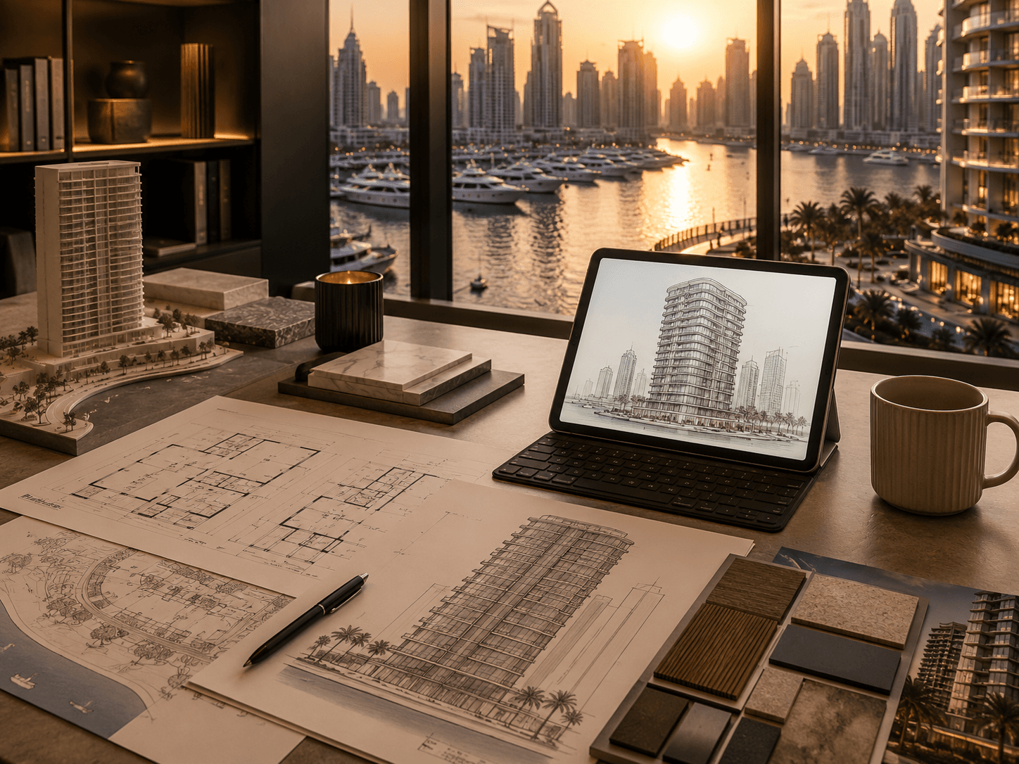 Architect studio desk with hand-drawn elevation sketches, blueprints, material samples and a scale model overlooking Dubai Marina at sunset.