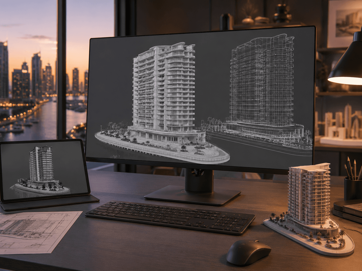 Designer workspace with a monitor showing a 3D wireframe and solid model of a waterfront residential tower, alongside a 3D-printed scale model.