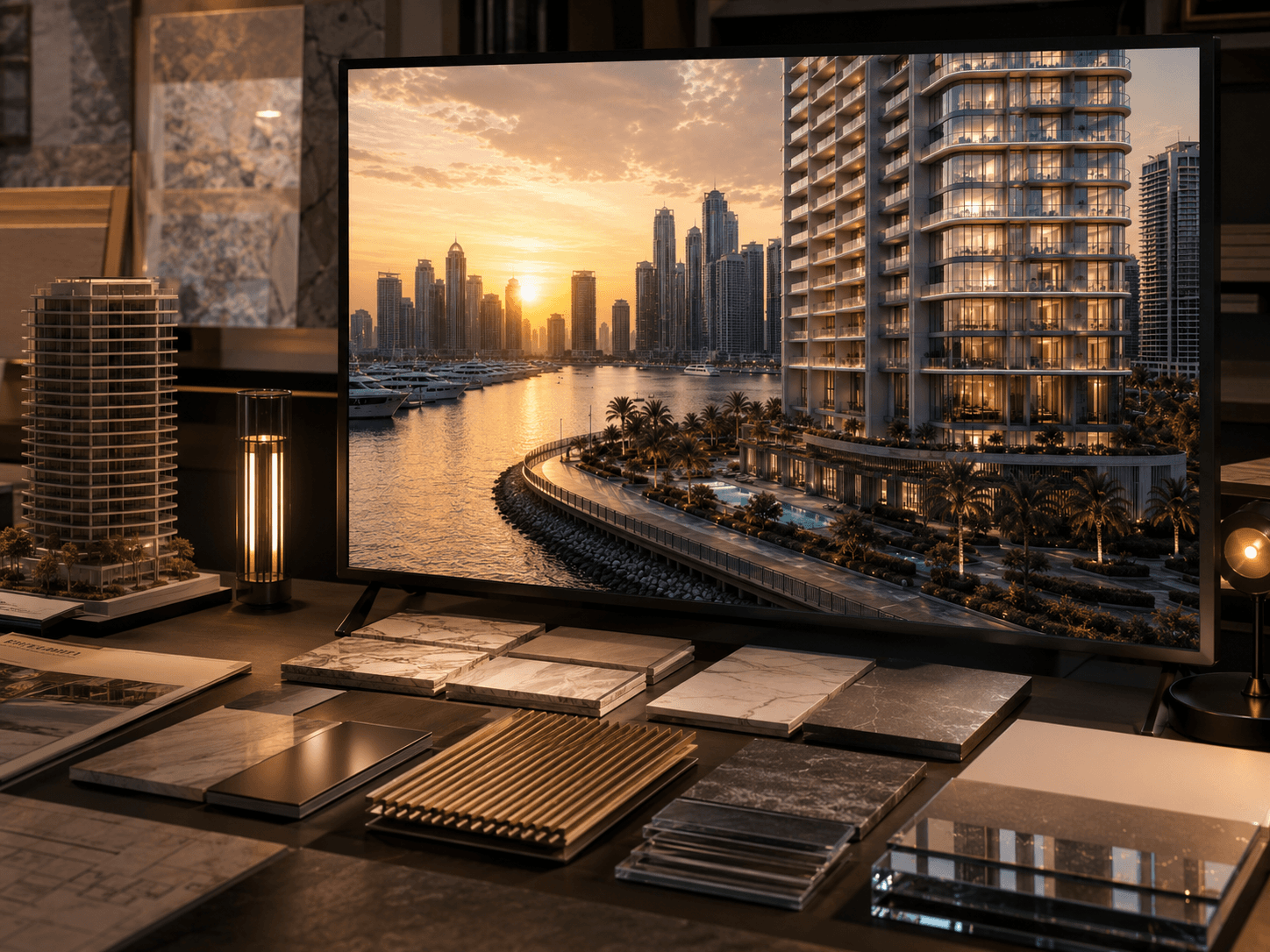 Studio desk with marble, stone and metal material swatches in front of a monitor displaying a sunset exterior render of a Dubai tower.