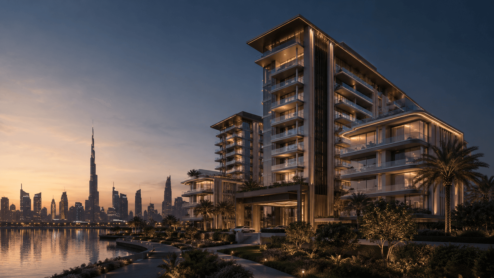 Photorealistic 3D exterior rendering of a contemporary Dubai residential tower at dusk with glass facades, landscaped podium and warm architectural lighting.