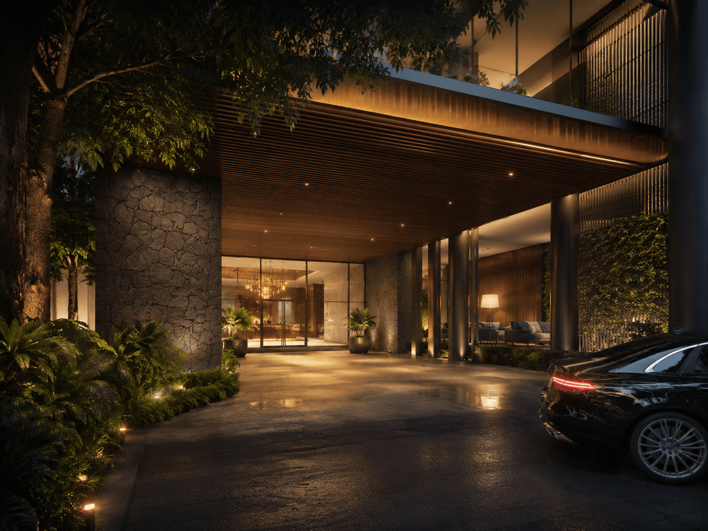 Cinematic dusk exterior frame of a boutique hotel entrance with stone facade, landscaped approach and warm interior glow.