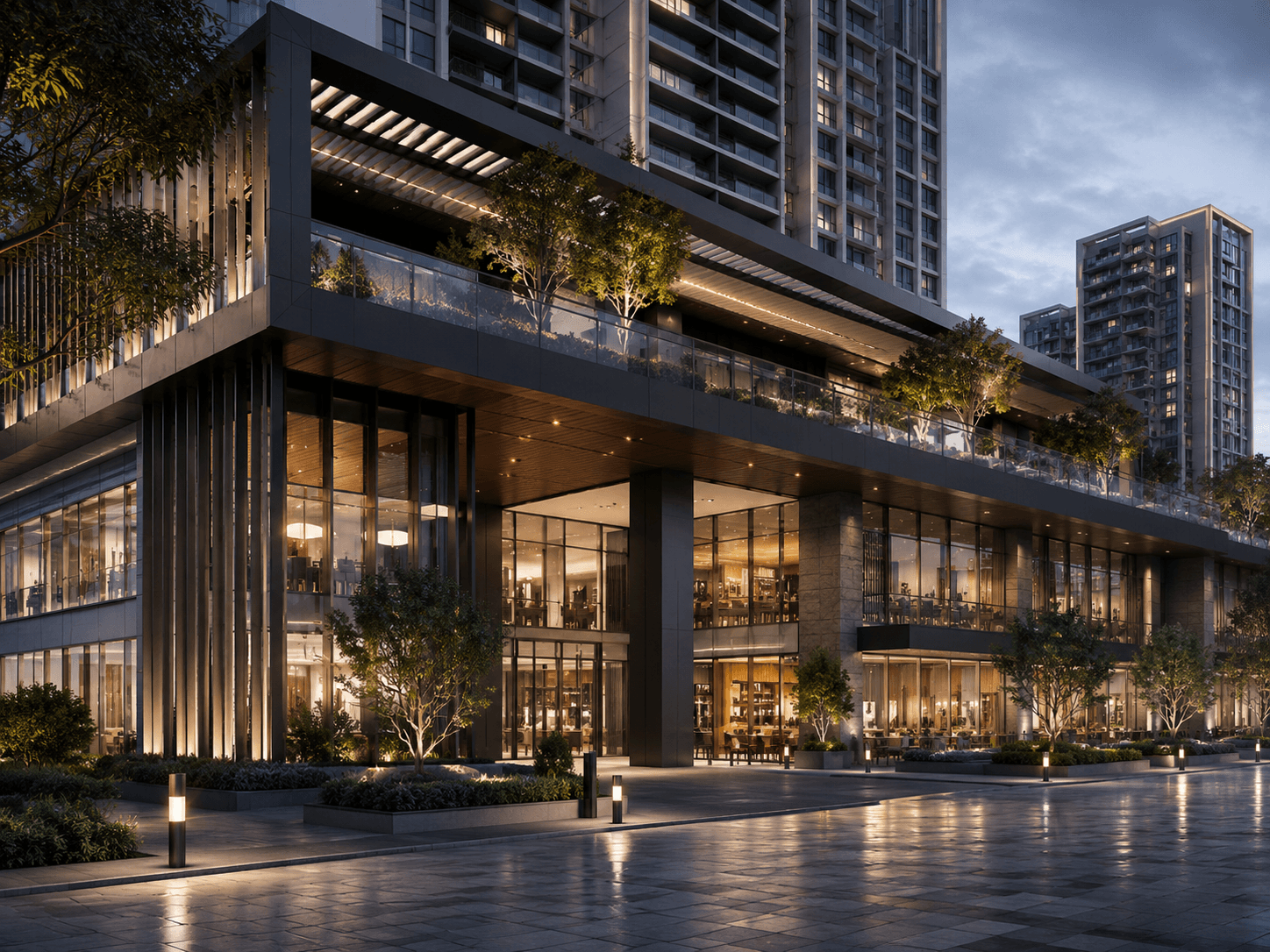 Twilight exterior rendering of a commercial podium with glass retail frontage, terrace landscaping and urban plaza reflections.