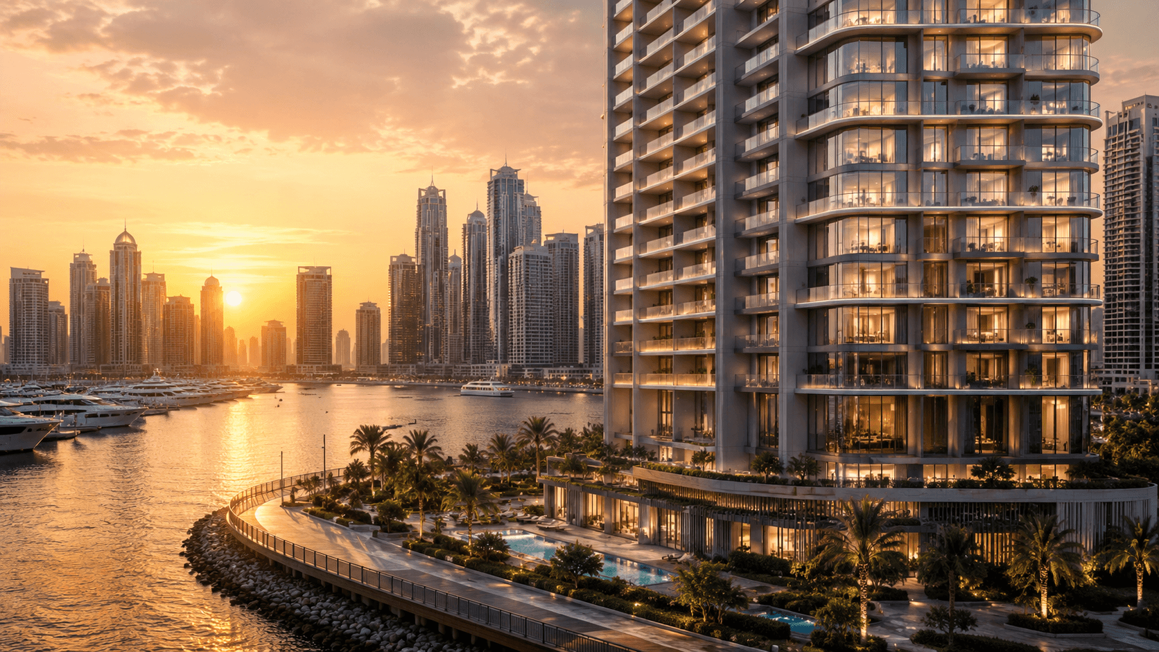 Photorealistic sunset exterior rendering of a glass residential tower in Dubai Marina with waterfront promenade, marina yachts and city skyline.