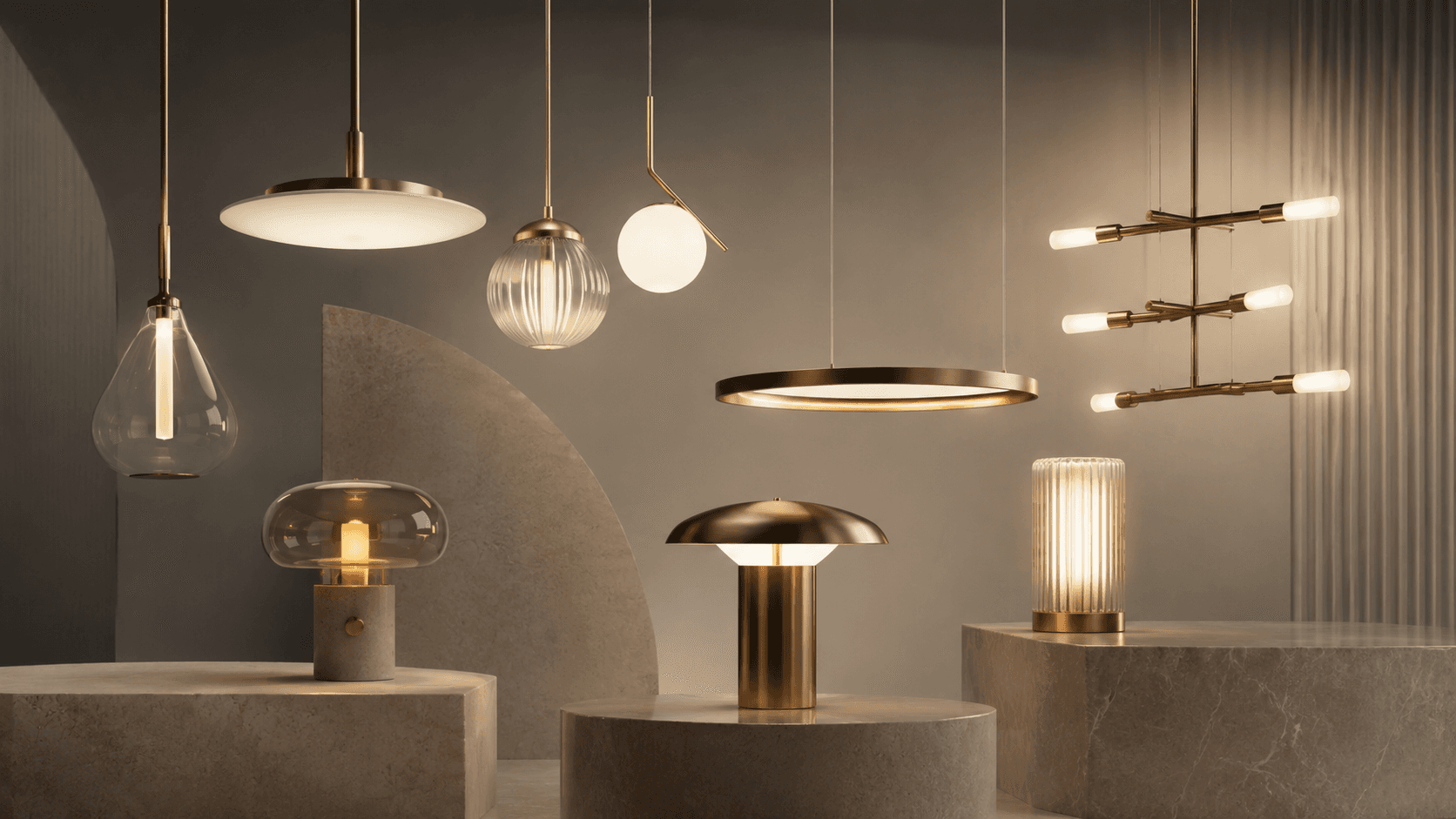 Studio product rendering of a contemporary lighting collection with pendant fixtures and table lamps on stone pedestals.