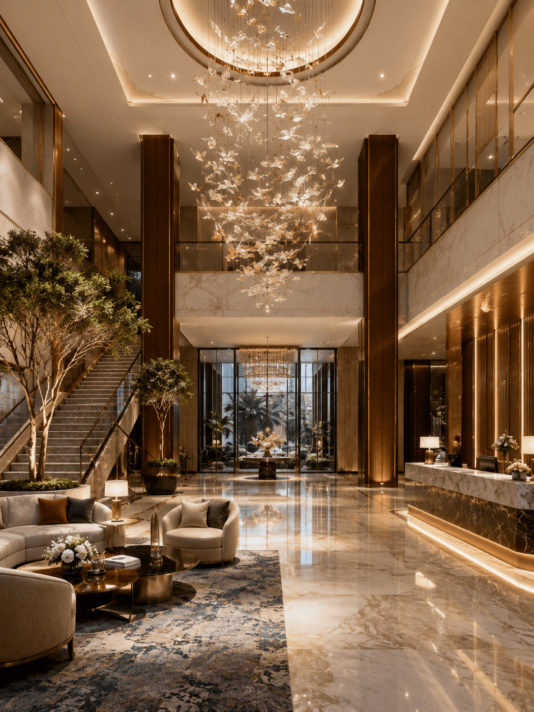 Photorealistic interior render of a double-height luxury hotel lobby with marble floors, brass accents, chandelier and lounge seating.