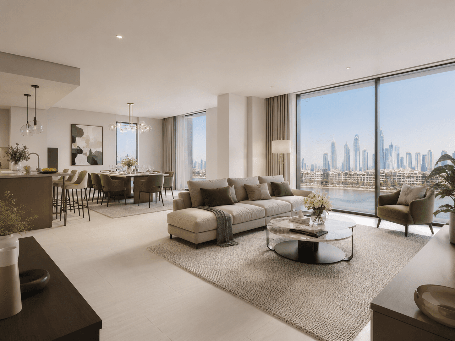 Photorealistic interior render of an open-plan off-plan apartment with floor-to-ceiling windows and panoramic city and sea views.