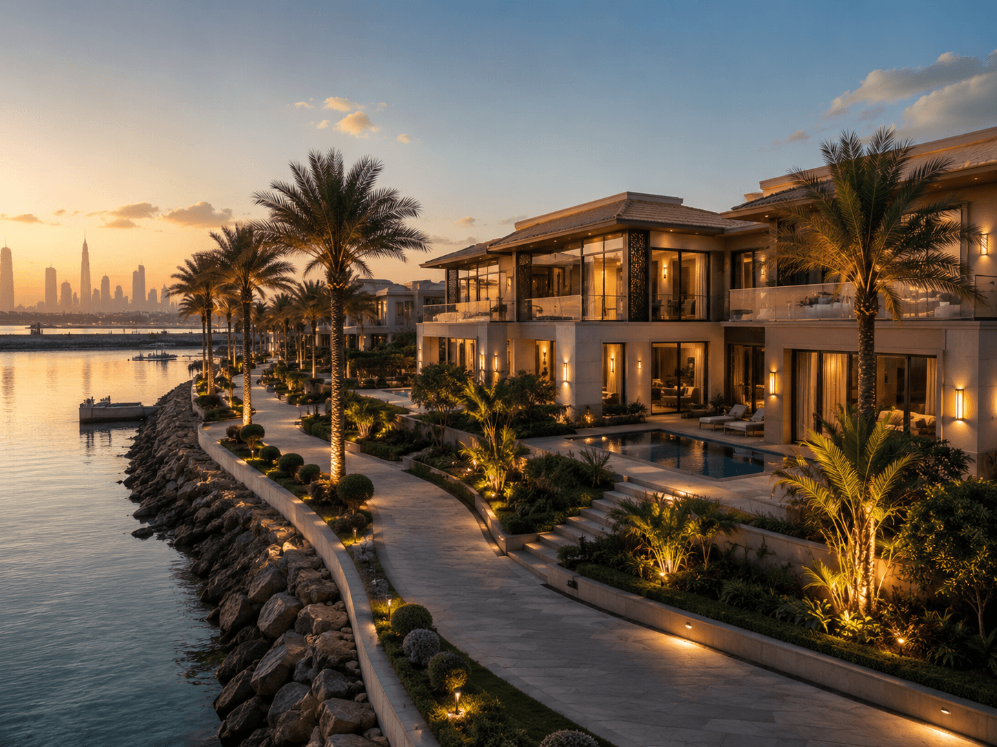 Exterior rendering of a luxury waterfront villa community on Palm Jumeirah at golden hour with palm trees, pools and Dubai skyline in the distance.