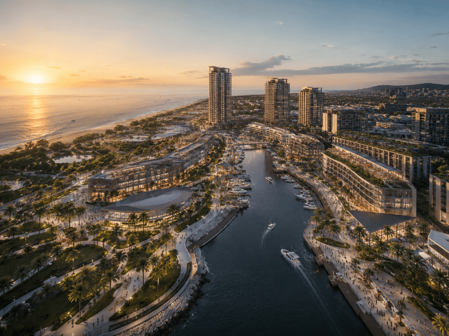 Aerial architectural visualization of a waterfront masterplan with canal, towers, green promenades and coastal context at sunset.