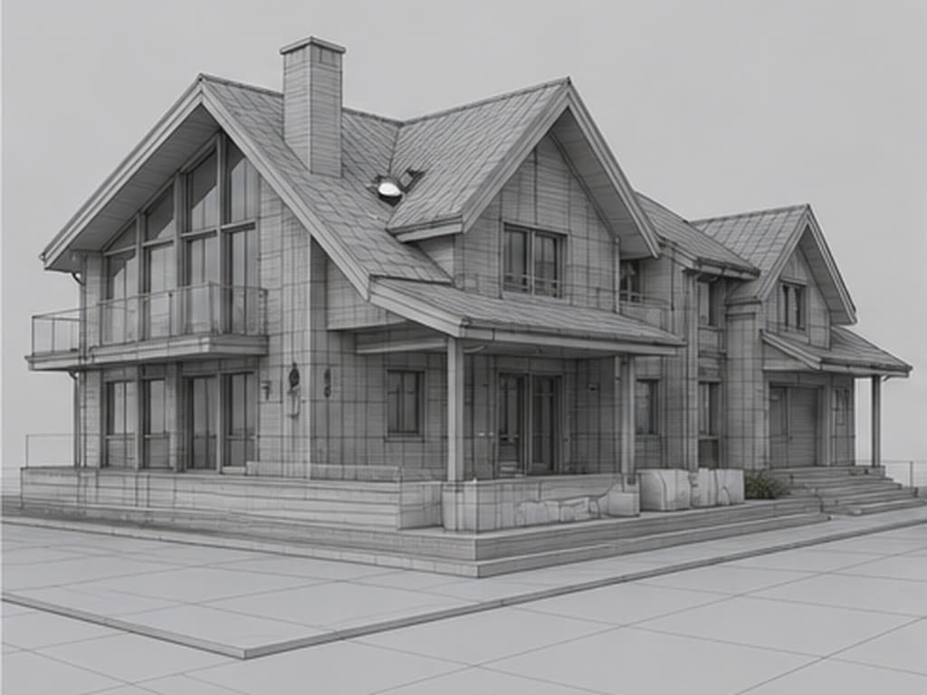 Detailed 3D wireframe mesh model of a modern two-story residential house, showing polygon geometry, gabled roof structure, balcony, chimney, and gridded ground plane used in architectural 3D modeling.