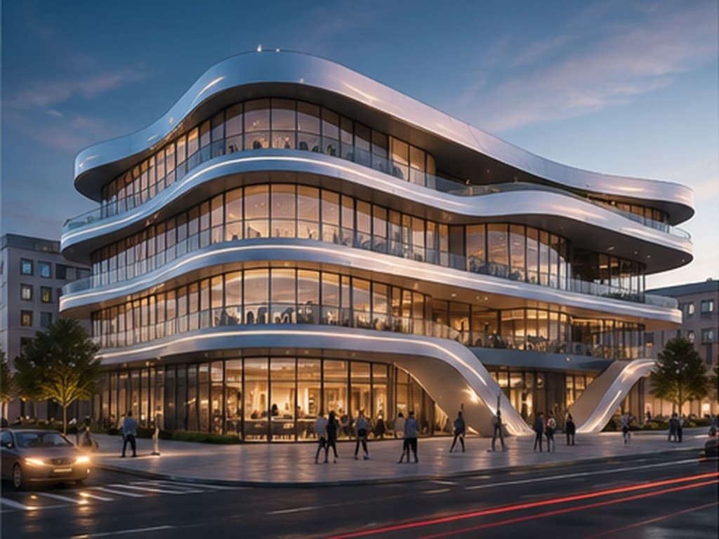 Photorealistic 3D exterior rendering of a modern organic-style commercial building at dusk, featuring curved white balconies, floor-to-ceiling glass facades with warm interior lighting, and a vibrant city street with light trails.