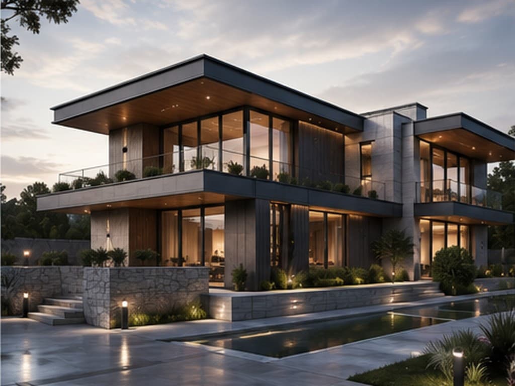 High-end 3D exterior rendering of a modern two-story luxury villa at dusk, featuring panoramic glass windows, a swimming pool, stone retaining walls, and professional architectural lighting.