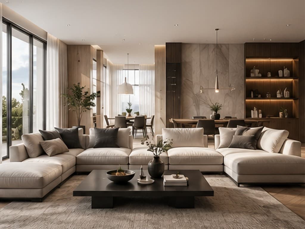 Photorealistic 3D interior rendering of a luxury modern open-plan living room with a beige modular sofa, stone feature wall, wood paneling, and floor-to-ceiling windows with natural daylight.