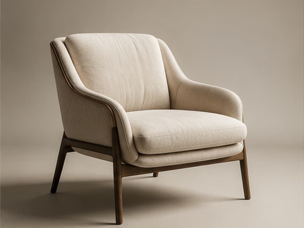 High-quality 3D product rendering of a modern designer armchair with cream fabric upholstery, dark wooden frame, bronze metallic trim, and soft studio lighting on a neutral background.