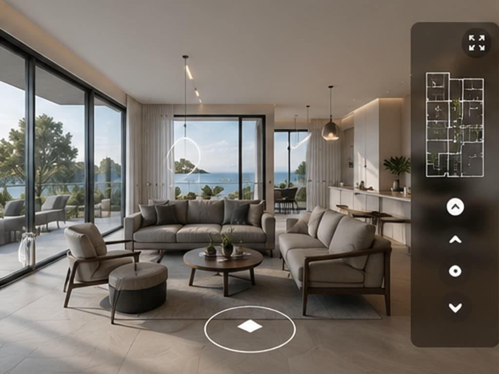Interactive 360-degree virtual tour of a luxury modern open-plan living room with coastal views, featuring navigation hotspots, a floor plan overlay, and photorealistic interior furnishings.